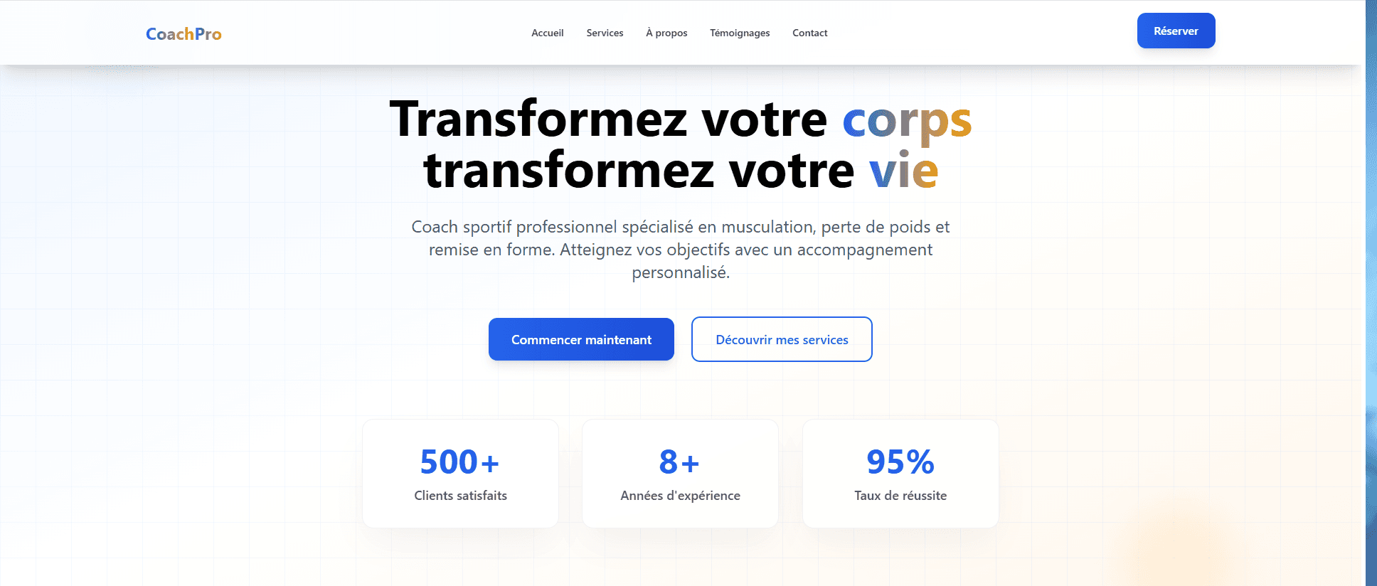 Coach Sportif - Projet de développement web par Tristan Leproux. Site web pour coach sportif avec gestion des clients et programmes d'entraînement.